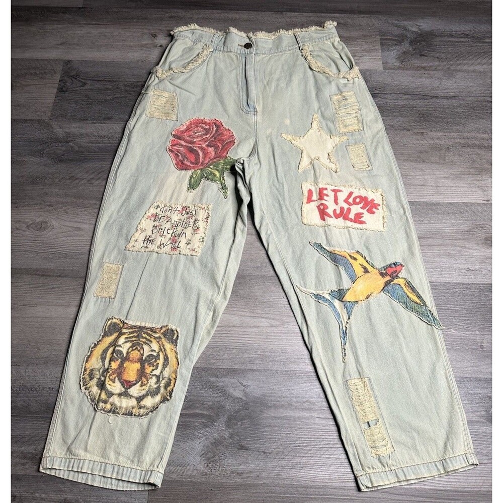A Rare Bird Shop Boho Mixed Patch Jeans S/M Distressed Let Love Rule Graphic